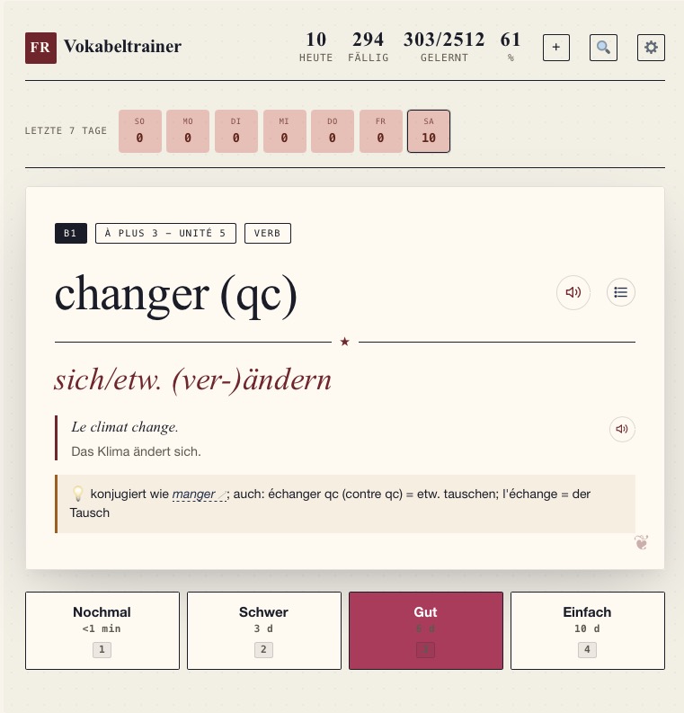 Vokabeltrainer - Hinweis auf Konjugation
